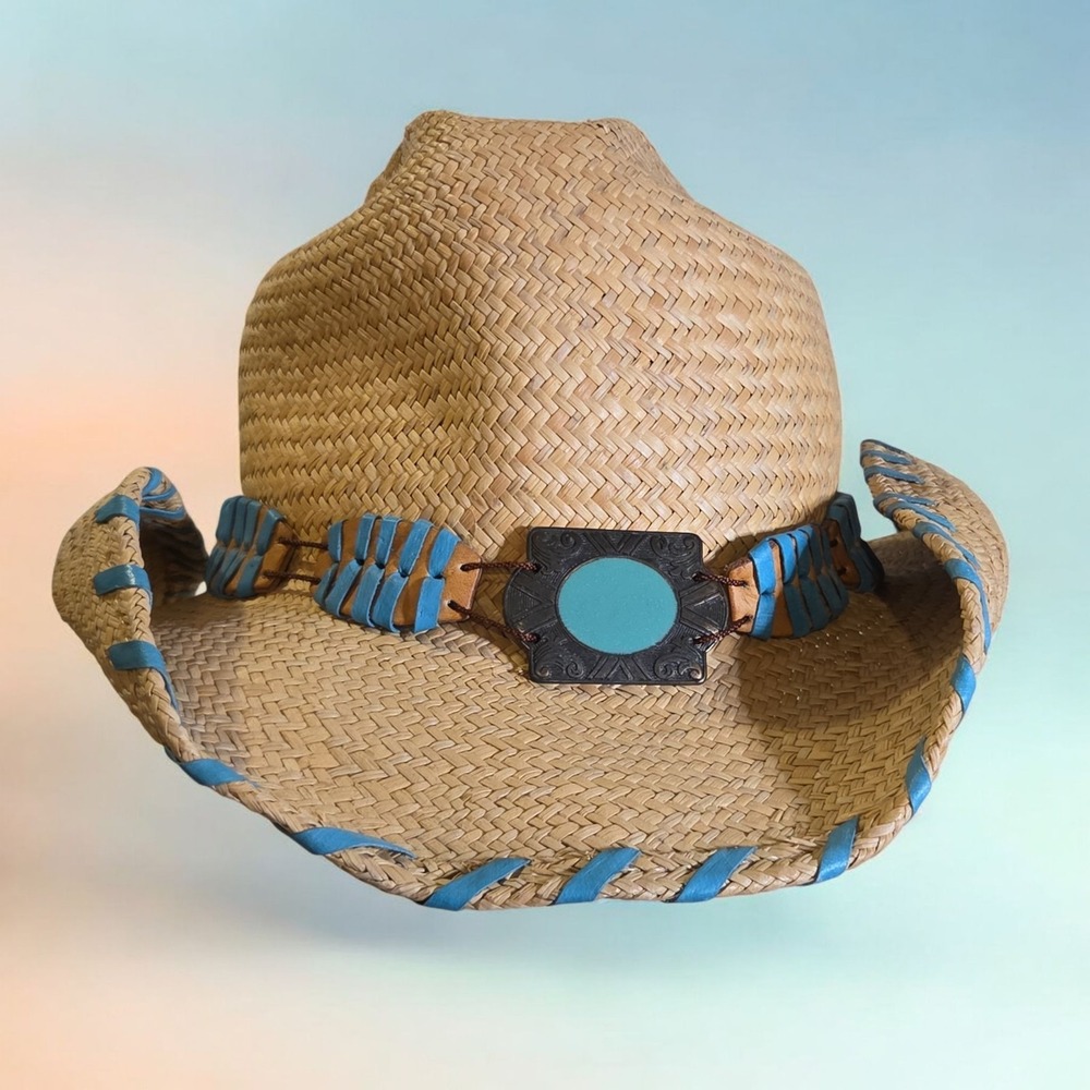 BULLHIDE Delmar Straw Cowboy Hat Rodeo Leather & Faux Turquoise Buckle Size L - Picture 3 of 8